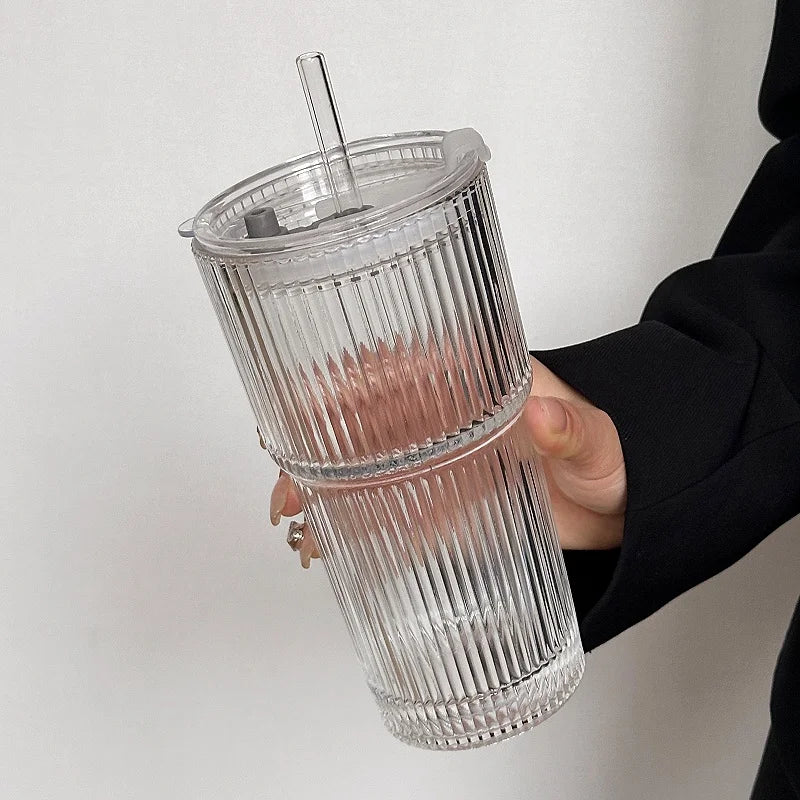 Large Capacity  Stripe Glass Coffee Cup With Lid Cover Straw