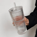 Large Capacity  Stripe Glass Coffee Cup With Lid Cover Straw