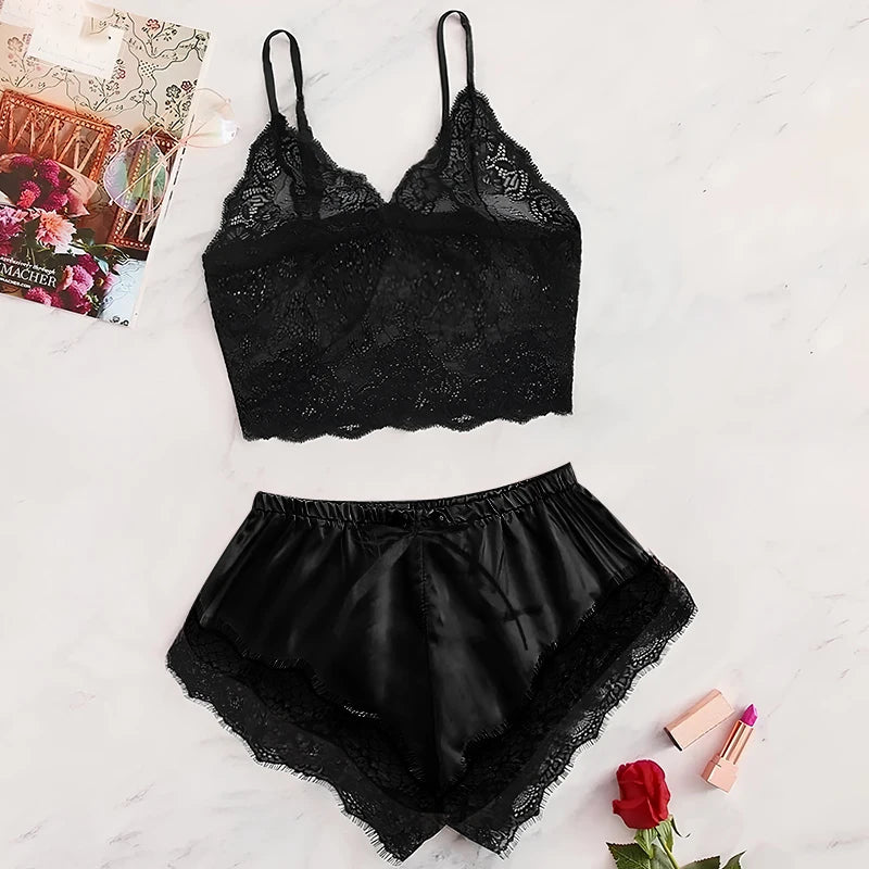 2 Pcs Breathable Women's New Sexy Lace See-Through Pajamas Black Pink Cute Clothes Comfortable