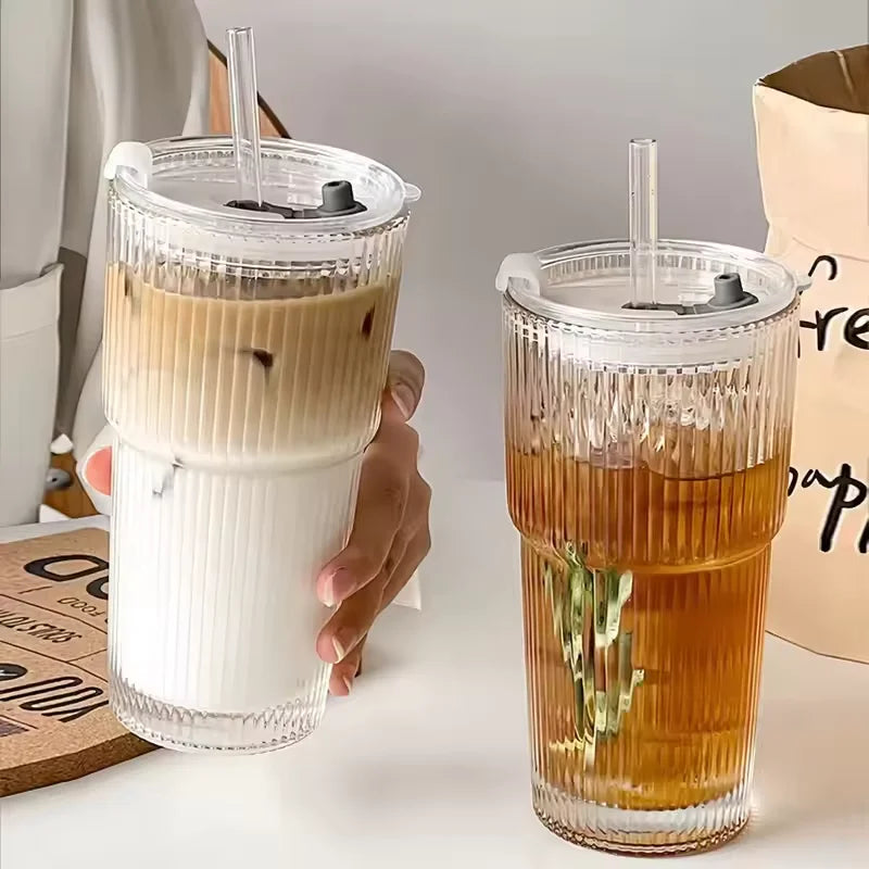 Large Capacity  Stripe Glass Coffee Cup With Lid Cover Straw