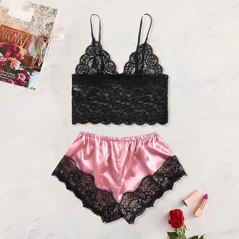 2 Pcs Breathable Women's New Sexy Lace See-Through Pajamas Black Pink Cute Clothes Comfortable