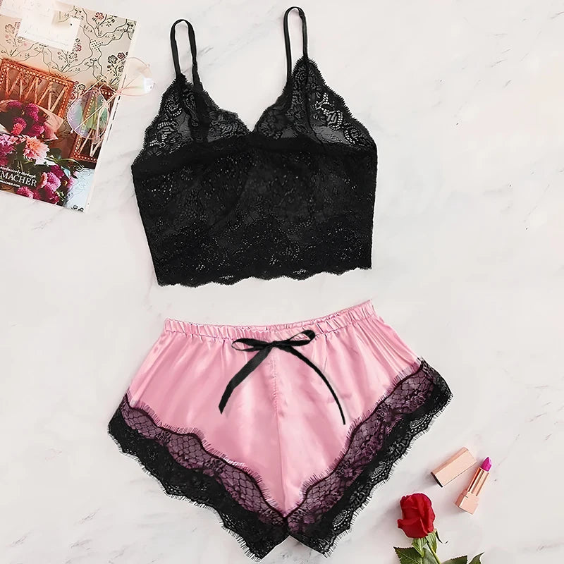 2 Pcs Breathable Women's New Sexy Lace See-Through Pajamas Black Pink Cute Clothes Comfortable