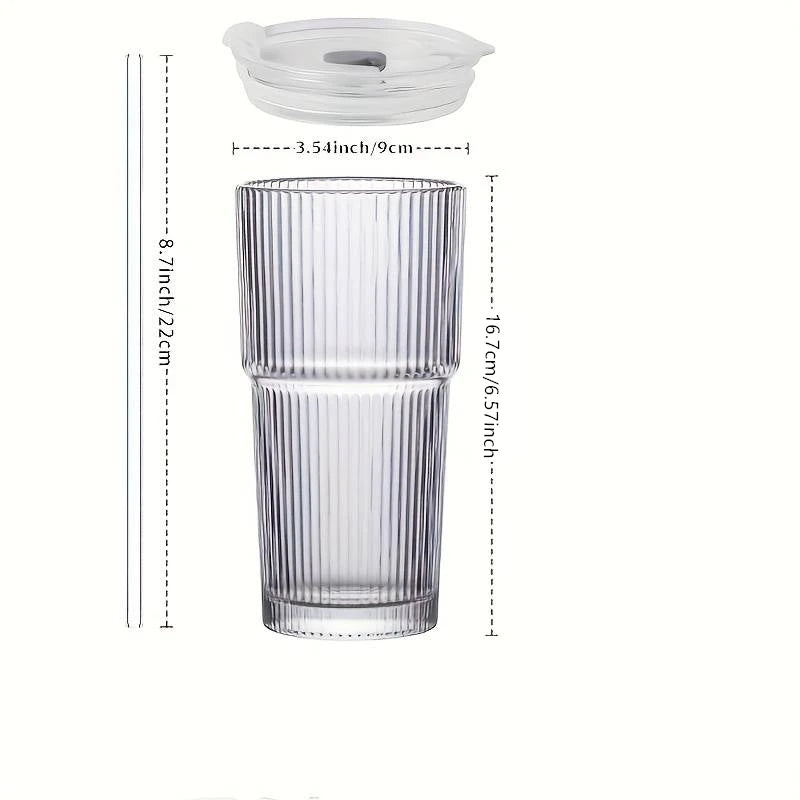Large Capacity  Stripe Glass Coffee Cup With Lid Cover Straw
