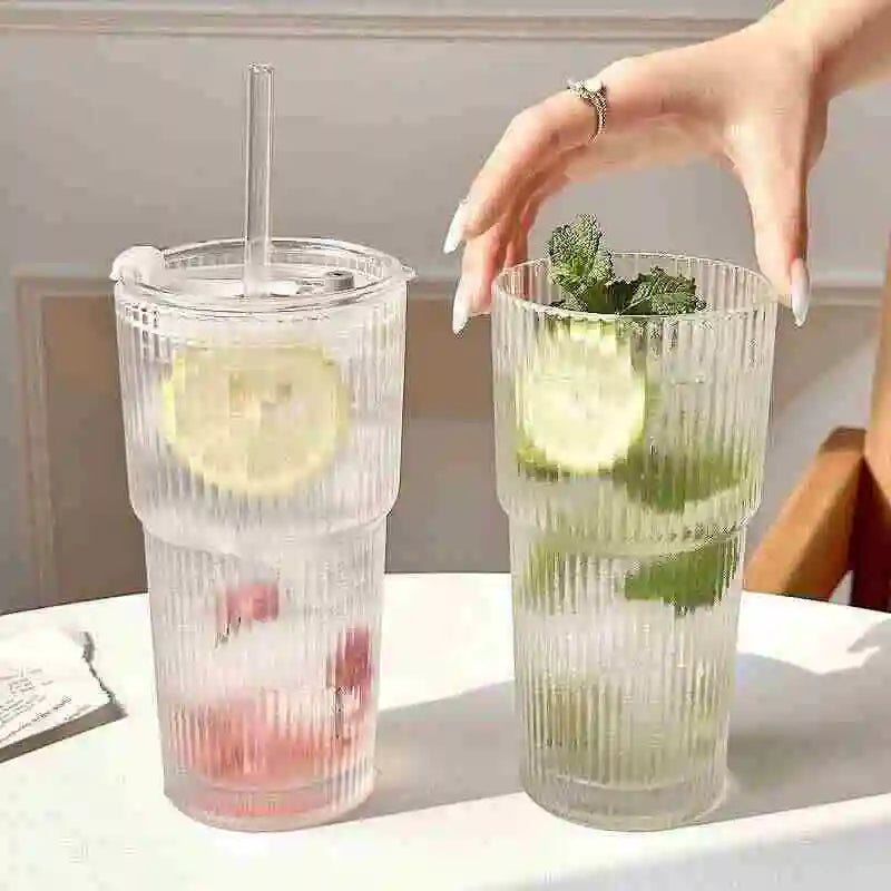 Large Capacity  Stripe Glass Coffee Cup With Lid Cover Straw