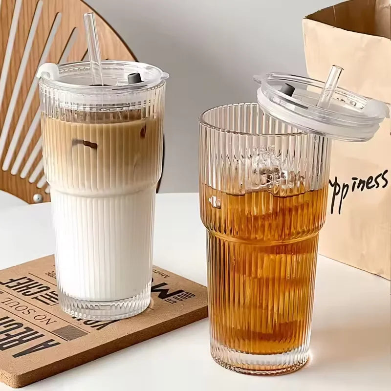 Large Capacity  Stripe Glass Coffee Cup With Lid Cover Straw