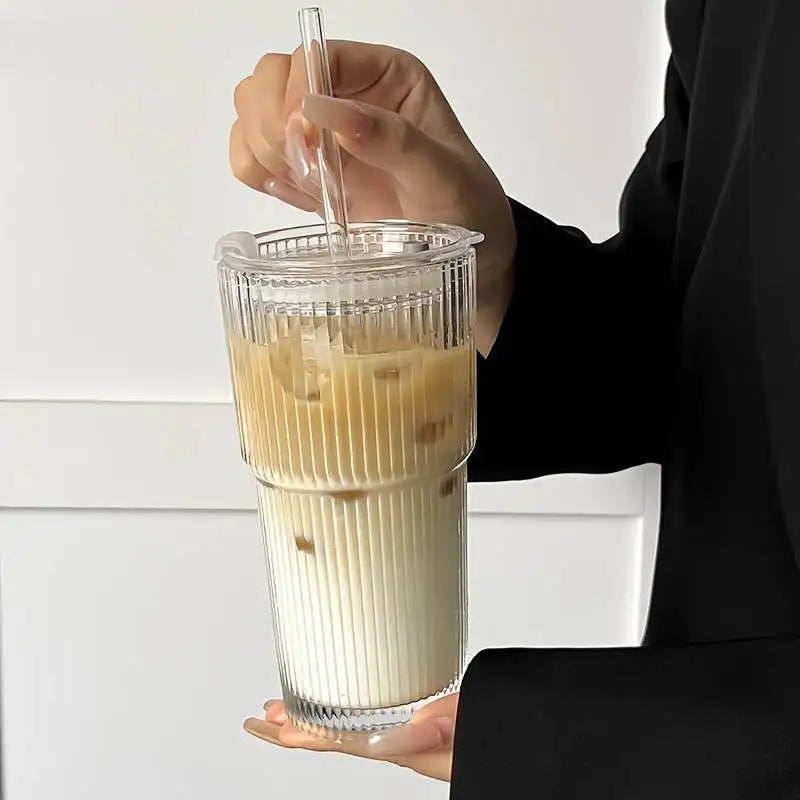 Large Capacity  Stripe Glass Coffee Cup With Lid Cover Straw